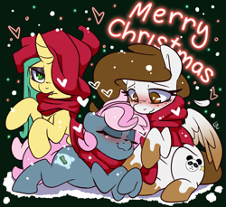 Size: 1528x1400 | Tagged: safe, artist:lou, oc, oc:dusty star major, oc:juicy dream, oc:peach fuzz, earth pony, pegasus, pony, unicorn, christmas, holiday, horn