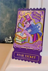 Size: 2690x3936 | Tagged: safe, twilight sparkle, pony, unicorn, g4, official, book, card, clothes, double dove, dress, flower, grand galloping gala, horn, irl, kayou, looking offscreen, magic, magic aura, merchandise, outfit, photo, sticker, text, waving