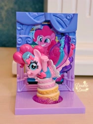 Size: 2676x3568 | Tagged: safe, enterplay, pinkie pie, earth pony, pony, g4, my little pony: the movie, official, cake, clothes, double dove, dress, figure, food, grand galloping gala, hat, indoors, irl, jumping, kayou, looking at you, merchandise, open mouth, open smile, outfit, photo, raised hoof, side view, smiling, toy