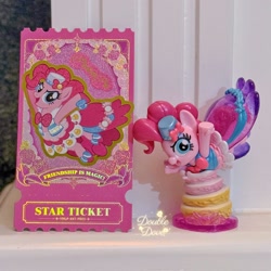 Size: 2254x2254 | Tagged: safe, pinkie pie, earth pony, pony, g4, official, cake, card, clothes, double dove, dress, figure, flower, food, grand galloping gala, hat, indoors, irl, jumping, kayou, looking at you, merchandise, open mouth, open smile, outfit, photo, raised hoof, side view, smiling, text, toy