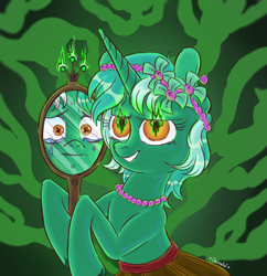 Size: 1700x1758 | Tagged: safe, artist:dacratei, lyra heartstrings, pony, unicorn, g4, crying, flower, flower in hair, headband, horn, jewelry, mirror, necklace