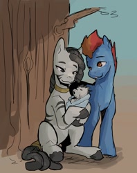 Size: 942x1190 | Tagged: safe, artist:double-zr-tap, oc, oc only, oc:forelle, oc:hot wheel, oc:louie hooferson, earth pony, zebra, commission, commissioner:legionofblues, earth pony oc, family photo, female, foal, male, newborn, oc x oc, outdoors, shipping, sketch, straight, tree, zebra oc