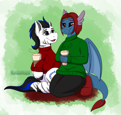 Size: 2649x2500 | Tagged: safe, artist:decemberbreeze, oc, oc only, oc:louie hooferson, oc:milady, dragon, zebra, clothes, coffee cup, commission, commissioner:legionofblues, cup, dragon oc, male, non-pony oc, stallion, stallion oc, sweater, wings, zebra oc