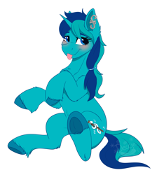 Size: 2551x2848 | Tagged: safe, artist:decemberbreeze, oc, oc only, oc:rocky blues, oc:roxyanne lullaby, pony, unicorn, :p, commission, commissioner:legionofblues, female, frog (hoof), horn, male to female, mare, mare oc, ponytail, rule 63, sitting, tongue out, underhoof, unicorn oc, unshorn fetlocks