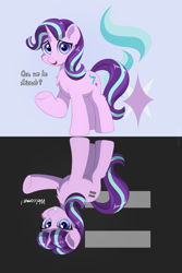 Size: 2000x3000 | Tagged: safe, artist:mercurysparkle, starlight glimmer, pony, unicorn, g4, cheek fluff, chest fluff, cutie mark background, dialogue, duality, ear fluff, equal cutie mark, evil smile, female, grin, high res, hock fluff, horn, looking at you, mare, open mouth, open smile, raised hoof, s5 starlight, self paradox, self ponidox, smiling, underhoof, upside down