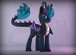 Size: 3000x2160 | Tagged: safe, artist:lithus, oc, oc only, oc:drago, dragon, open pony, 3d, bat eyes, bat wings, bedroom eyes, blender, blender cycles, claws, clothes, fangs, full body, horns, jewelry, long tail, looking at you, paws, simple background, smiling, smiling at you, socks, solo, spikes, stance, tail, wings