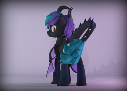 Size: 3000x2160 | Tagged: safe, artist:lithus, oc, oc only, oc:drago, dragon, open pony, 3d, bat eyes, bat wings, blender, blender cycles, claws, clothes, covering, fangs, full body, horns, jewelry, long tail, looking at you, looking back, paws, simple background, socks, solo, spikes, surprised, surprised face, tail, tail covering, wings, wings down