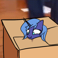 Size: 414x420 | Tagged: safe, alternate character, alternate version, artist:pursoul, princess luna, alicorn, pony, g4, box, horn, meme, pony in a box, stuck