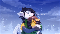 Size: 2456x1425 | Tagged: safe, artist:ramiras, oc, oc only, pegasus, pony, cyrillic, duo, duo male and female, female, hug, i love you, male, mare, oc x oc, pegasus oc, russian, shipping, snow, stallion, straight, tree