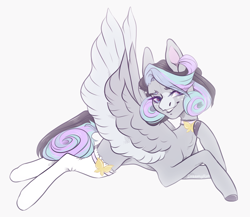 Size: 4000x3474 | Tagged: safe, artist:dreamyrat, oc, oc only, pegasus, pony, 2021, blue mane, choker, clothes, collar, colored wings, commission, female, gray mane, high res, looking at you, lying down, mare, open mouth, open smile, pegasus oc, purple eyes, purple mane, simple background, smiling, smiling at you, socks, solo, spread wings, two toned mane, two toned wings, wings