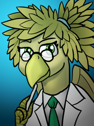 Size: 624x840 | Tagged: safe, artist:notoriousnostalgia, oc, oc only, oc:adraste shadowing, griffon, equestria at war mod, beak, bust, clothes, digital art, female, folded wings, glasses, gradient background, green eyes, griffon oc, jacket, looking at camera, looking at you, necktie, new characters for equestria at war, new characters for equestria at war mod, portrait, scientist, smiling, smiling at you, solo, suit, wings