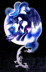 Size: 1520x2340 | Tagged: safe, artist:ladyamaltea, artist:purpuraimperial, discord, nightmare moon, princess luna, alicorn, draconequus, pony, fanfic:if you came to conquer, g4, duality, equestrian stories 2024, fanfic art, female, full moon, looking at each other, looking at someone, male, mare, moon, s1 luna, teary eyes, trio