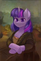 Size: 2385x3504 | Tagged: safe, artist:luanbang, twilight sparkle, pony, unicorn, semi-anthro, g4, my little pony: friendship is magic, bust, fine art parody, hooves, horn, looking at you, mona lisa, outdoors