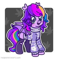 Size: 1263x1278 | Tagged: safe, artist:redpalette, oc, oc:lullaby, bat pony, bat pony oc, bat wings, clothes, cute, leggings, looking at you, multicolored hair, open mouth, passepartout, shadow the hedgehog, sonic the hedgehog (series), spread wings, sweater, wings