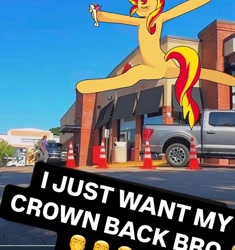 Size: 1170x1245 | Tagged: safe, artist:poniesinmyhead, sunset shimmer, pony, unicorn, g4, butt, eyes closed, horn, i just want my fries bro, jumping, meme, outdoors, plot, solo