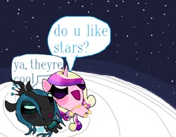 Size: 1300x1007 | Tagged: safe, artist:poniesinmyhead, princess cadance, queen chrysalis, alicorn, changeling, changeling queen, pony, g4, do u like stars?, duo, female, mare, meme, moon, night, open mouth, open smile, smiling