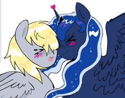 Size: 1011x789 | Tagged: safe, artist:poniesinmyhead, derpy hooves, princess luna, alicorn, pegasus, pony, g4, :p, ><, duo, duo female, eyes closed, female, lesbian, mare, ship:lunaderp, shipping, simple background, smiling, tongue out, white background