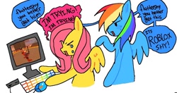 Size: 1066x564 | Tagged: safe, artist:poniesinmyhead, fluttershy, rainbow dash, pegasus, pony, g4, computer, crying, dialogue, english, gaming, playing, roblox