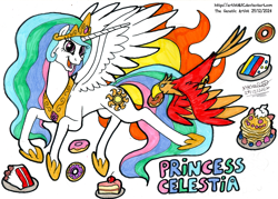 Size: 4588x3288 | Tagged: safe, artist:artistnjc, philomena, princess celestia, alicorn, bird, phoenix, pony, g4, cake, cakelestia, character name, crown, donut, flying, food, happy, jewelry, pet, regalia, royalty, signature, simple background, spread wings, sun, traditional art, wings