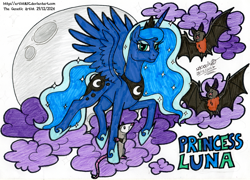 Size: 4586x3299 | Tagged: safe, artist:artistnjc, princess luna, tiberius, alicorn, bat, opossum, pony, g4, character name, cloud, ethereal mane, full moon, horn, looking at you, moon, raised hoof, signature, simple background, spread wings, traditional art, walking on clouds, wings