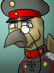 Size: 624x840 | Tagged: safe, artist:notoriousnostalgia, oc, oc only, oc:konrad grimclaw, griffon, equestria at war mod, beak, bust, cap, clothes, digital art, folded wings, german, gradient background, griffon oc, hat, iron cross, looking at camera, looking at you, male, medal, military, military uniform, new characters for equestria at war, new characters for equestria at war mod, peaked cap, portrait, solo, uniform, wings