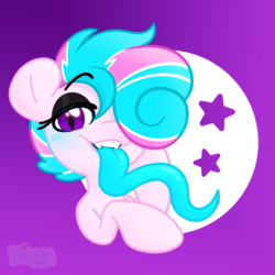 Size: 2360x2360 | Tagged: safe, artist:ninnydraws, oc, oc only, oc:sweetie swirl, bat pony, blue blush, blue tongue, blushing, bust, commission, eyelashes, eyeshadow, fangs, femboy, long tongue, makeup, male, multicolored hair, solo, stallion, stars, tongue out