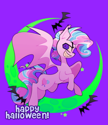 Size: 1645x1900 | Tagged: safe, artist:opossum-stuff, oc, oc only, oc:sweetie swirl, bat, bat pony, pony, bat pony oc, colored wings, commission, crescent moon, curly mane, curly tail, ear tufts, femboy, flying, gradient background, grin, halloween 2024, happy halloween, looking back, male, male oc, moon, multicolored hair, narrowed eyes, pink coat, profile, purple eyes, sharp teeth, shrunken pupils, smiling, solo, spread wings, stallion, stallion oc, striped mane, striped tail, tail, teeth, text, three toned mane, three toned tail, two toned wings, wings