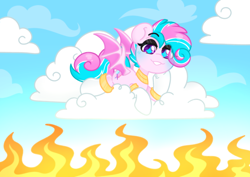 Size: 3508x2480 | Tagged: safe, artist:ninnydraws, oc, oc only, oc:sweetie swirl, bat pony, bat pony oc, blue blush, blushing, clothes, cloud, cloudy, day, eyelashes, eyeshadow, femboy, fire, gold, long socks, looking down, lying down, makeup, male, outdoors, sky, socks, sparkle