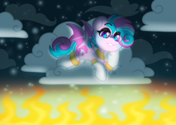 Size: 3508x2480 | Tagged: safe, artist:ninnydraws, oc, oc only, oc:sweetie swirl, bat pony, bat pony oc, blue blush, blushing, clothes, cloud, cloudy, eyelashes, eyeshadow, femboy, fire, gold, long socks, looking down, lying down, makeup, male, night, outdoors, sky, socks, sparkle, stars