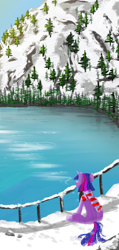 Size: 1080x2264 | Tagged: safe, artist:cyberpixel44, twilight sparkle, pony, unicorn, g4, clothes, complex background, female, fence, horn, lake, looking away, mare, missing cutie mark, mountain, outdoors, phone wallpaper, reflection, rock, scarf, sitting, snow, solo, tree, unicorn twilight, water, winter