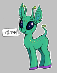 Size: 298x379 | Tagged: safe, artist:shydale, oc, oc only, oc:glorp, alien, alien pony, pony, antennae, ayy (species), bug eyes, extraterrestrial, female, gray background, magma.com, outline, simple background, solo, speech bubble, unknown language, white outline