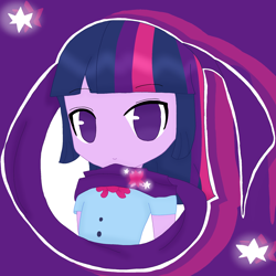 Size: 2048x2048 | Tagged: safe, artist:halloweenoren, twilight sparkle, human, equestria girls, g4, my little pony: friendship is magic, 2013, anime, base used, chibi, clothes, colored, female, happy, high res, long hair, multicolored hair, purple background, purple eyes, scarf, scarf chibi base, shirt, simple background, solo, t-shirt