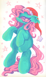 Size: 1835x3072 | Tagged: safe, artist:larvaecandy, minty, earth pony, pony, g3, my little pony: a very minty christmas, alternate eye color, big hooves, christmas, colored eyelashes, colored sclera, curly mane, curly tail, ear fluff, female, floppy ears, gouache, green coat, hat, holiday, lineless, mare, mint coat, missing cutie mark, no mouth, no pupils, pink eyes, pink mane, pink sclera, pink tail, profile, purple eyes, rearing, santa hat, simple background, sparkles, sparkly eyes, stars, tail, teal coat, traditional art, white background, wingding eyes