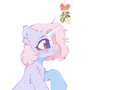 Size: 1938x1396 | Tagged: safe, artist:mirtash, oc, oc only, oc:milkshake (mirtash), pony, unicorn, .psd available, art challenge, bags under eyes, blaze (coat marking), blue pupils, blush lines, blushing, brown eyes, chest fluff, coat markings, colored eyelashes, colored horn, colored pupils, ear fluff, ear piercing, earring, eyelashes, facial markings, female, female oc, horn, jewelry, lavender coat, mare, mare oc, mistletoe, piercing, pink mane, profile, purple coat, purple eyelashes, red eyes, shiny eyes, short mane, shoulder fluff, sitting, smiling, solo, unicorn horn, unicorn oc