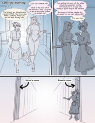 Size: 2550x3300 | Tagged: safe, artist:askbubblelee, oc, oc only, oc:paige miller, oc:rosie quartz, earth pony, unicorn, anthro, comic:bodyguard au, anthro oc, breasts, busty oc, clothes, comic, fencing, hallway, horn, leonine tail, maid, mansion, noble, speech bubble, tail, walking, willowverse