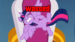 Size: 2266x1271 | Tagged: safe, twilight sparkle, alicorn, pony, g4, my little pony: friendship is magic, season 9, the ending of the end, eyes closed, grand theft auto, gritted teeth, link in description, meme, teeth, throne, twilight sparkle (alicorn), wasted