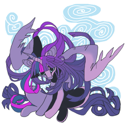 Size: 851x851 | Tagged: safe, artist:cutesykill, twilight sparkle, alicorn, pony, g4, abstract background, bangs, beanbrows, big ears, blue sclera, colored pinnae, colored sclera, crooked horn, dilated pupils, eyebrows, facing you, female, flowing mane, flowing tail, gradient mane, gradient tail, horn, hunched over, lanky, large wings, long mane, long tail, looking at you, mare, no catchlights, no pupils, partially open wings, purple coat, purple mane, purple tail, skinny, staring into your soul, straight mane, straight tail, tail, tall, thin, three toned mane, three toned tail, twilight sparkle (alicorn), uncanny valley, unicorn horn, wings