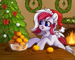 Size: 2250x1800 | Tagged: safe, artist:lazybread, oc, oc only, oc:red wine, pegasus, pony, christmas, christmas tree, colored wings, hat, holiday, pegasus oc, santa hat, tree, two toned mane, two toned wings, wings