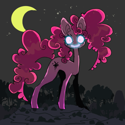 Size: 851x851 | Tagged: safe, artist:cutesykill, pinkie pie, earth pony, pony, g4, alternate cutie mark, big ears, concave belly, creepy, creepy smile, crescent moon, curly mane, curly tail, forest, glowing, glowing eyes, glowing teeth, long legs, long neck, looking at you, moon, nature, night, outdoors, pink coat, pink mane, pink tail, sharp teeth, shiny mane, shiny tail, shrunken pupils, slender, slit pupils, smiling, solo, staring at you, staring into your soul, stars, tail, teeth, thin, tree, wide eyes, wide smile