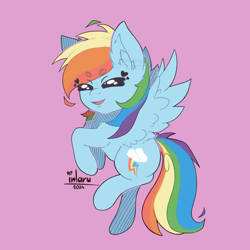 Size: 4200x4200 | Tagged: safe, artist:_inlaru_, artist:inlaru, rainbow dash, pegasus, pony, g4, absurd resolution, chibi, colored, cute, digital art, eyes closed, feather, female, flat colors, full color, happy, mare, pegasus wings, rainbow, simple background, solo, wings