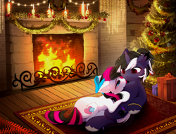 Size: 4509x3446 | Tagged: safe, artist:empress-twilight, oc, oc only, oc:bb wolf, oc:heart stitches, pony, unicorn, back fluff, black and white mane, black and white tail, blue bow, blue coat, blue eyes, blue pupils, bow, candle, cheek fluff, chest fluff, christmas, christmas tree, colored pupils, commission, cuddling, detailed background, ear fluff, eye clipping through hair, eyebrows, eyebrows visible through hair, eyelashes, female, female oc, fireplace, gray hooves, hair accessory, hair bow, hair tie, high res, hock fluff, holiday, horn, indoors, leg fluff, lidded eyes, looking at each other, looking at someone, lying down, male, male oc, mane accessory, mane tie, mare, mare oc, oc x oc, on back, ponytail, present, profile, red eyes, red pupils, rug, shiny mane, shiny tail, shipping, shoulder fluff, smiling, smiling at each other, stallion oc, straight, straight mane, straight tail, tail, three quarter view, tree, two toned mane, two toned tail, unicorn horn, unicorn oc, white coat, wreath, ych result