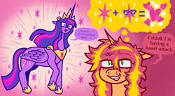 Size: 1280x707 | Tagged: safe, artist:dapperlilarts, sci-twi, sunset shimmer, twilight sparkle, alicorn, pony, unicorn, g4, alicorn sci-twi, blood, crown, disguise, equestria girls ponified, fanfic art, female, glasses, heart, horn, jewelry, lesbian, nosebleed, piercing, ponified, regalia, ship:sci-twishimmer, ship:sunsetsparkle, shipping, speech bubble, twilight sparkle (alicorn)