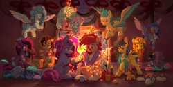 Size: 4759x2400 | Tagged: safe, artist:itssim, twilight sparkle, oc, oc:amber fossil, oc:arclight, oc:asd25, oc:blueberry swirl, oc:cobbler, oc:itssim, oc:kirifilin, oc:mareota, oc:maverick blast, oc:plexa, oc:scoops, oc:star reader, oc:star wormwood, oc:synthie glitch, bat pony, earth pony, kirin, pegasus, pony, robot, robot pony, unicorn, g4, adorkable, amused, ballgag, blushing, bondage, bow, box, chest fluff, christmas, christmas lights, clothes, colored wings, cute, dialogue box, digital art, dock, dork, ear fluff, fireplace, food, freckles, fur, gag, glowing, glowing eyes, hair bow, hat, hearth's warming, helmet, hogtied, holiday, hoof hold, horn, indoors, jewelry, magic, missile, multicolored hair, multicolored mane, multicolored tail, multicolored wings, necklace, new year, note, panties, plushie, potato, raffle prize, raised hoof, rope, rope bondage, santa hat, shell, shocked, shocked expression, shy, sleeping, smiling, socks, stars, striped socks, stuck, surprised, tail, telekinesis, tinsel, twiggie, underwear, vinyl, vr headset, waffle, wall of tags, warm, wings, wooden floor