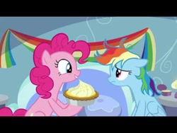 Size: 480x360 | Tagged: safe, screencap, pinkie pie, rainbow dash, earth pony, pegasus, pony, g4, my little pony: friendship is magic, season 7, secrets and pies, food, lowres, messy mane, pie, pun, rainbow dash's bedroom, rainbow dash's house, story included, visual pun