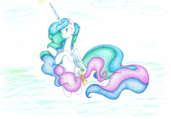 Size: 2228x1548 | Tagged: safe, artist:bluemagic, princess celestia, alicorn, pony, g4, ethereal mane, ethereal tail, horn, simple background, sitting, tail, wings