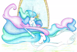 Size: 2272x1544 | Tagged: safe, artist:bluemagic, princess celestia, alicorn, pony, g4, ethereal mane, ethereal tail, horn, simple background, sleeping, tail, wings