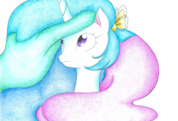 Size: 2266x1544 | Tagged: safe, artist:bluemagic, princess celestia, alicorn, pony, g4, bust, ethereal mane, horn, portrait, simple background, tail, white background