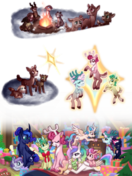 Size: 1280x1707 | Tagged: safe, artist:computerstickman, alice the reindeer, aurora the reindeer, bori the reindeer, princess celestia, princess luna, oc, oc:banana bliss, oc:northern wishes, oc:periwinkle, oc:star wishes, deer, reindeer, g4, curved horn, fire, horn, story included, transformation