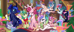 Size: 1280x553 | Tagged: safe, artist:computerstickman, alice the reindeer, aurora the reindeer, bori the reindeer, princess celestia, princess luna, oc, oc:banana bliss, oc:northern wishes, oc:periwinkle, oc:star wishes, deer, reindeer, g4, curved horn, horn, present