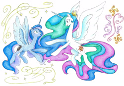 Size: 2252x1564 | Tagged: safe, artist:bluemagic, princess celestia, princess luna, alicorn, pony, g4, ethereal mane, ethereal tail, flying, horn, simple background, tail, wings